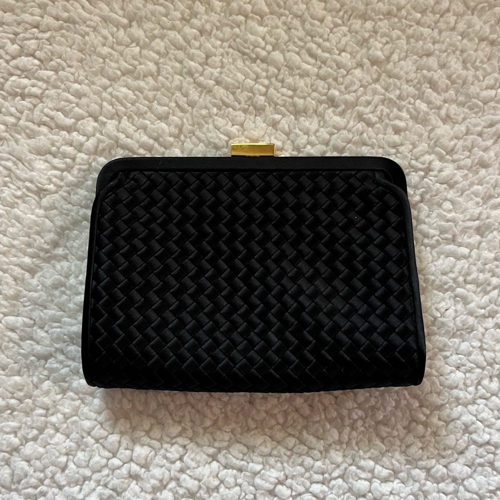 Saks Fifth Avenue Black Woven Clutch with Gold Accent